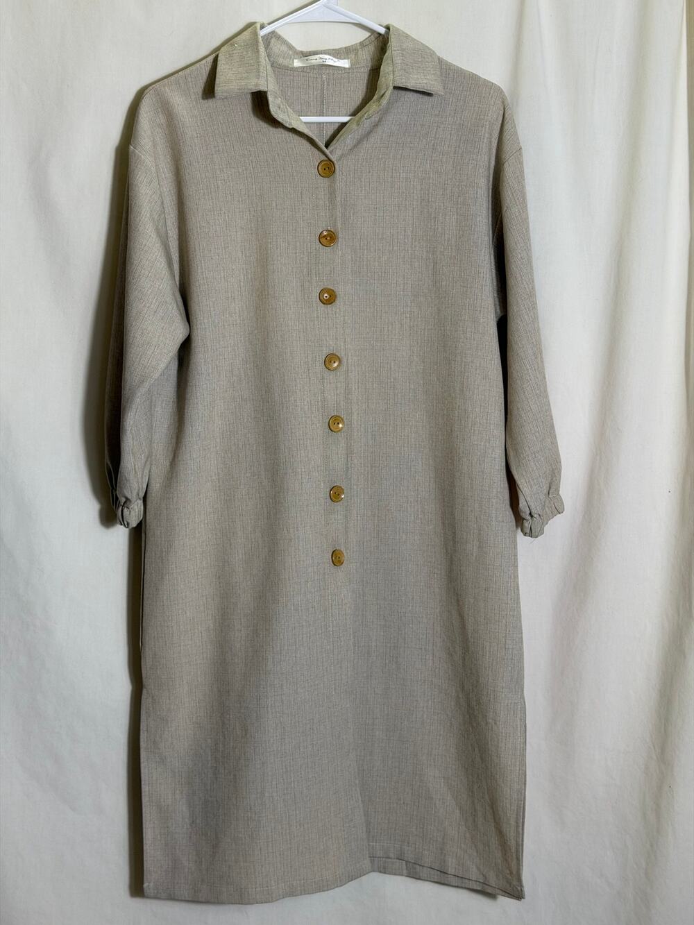 Tang Ling Rui Beige Linen Look Midi Shirt Dress Medium Button Front